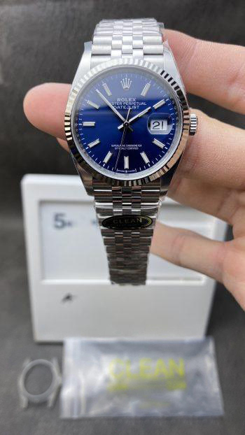 Clean Factory Watch CF Rolex DateJust 36mm 126234 904L Steel Blue Dial with Stick Markers on Jubilee Bracelet VR3235 Movement