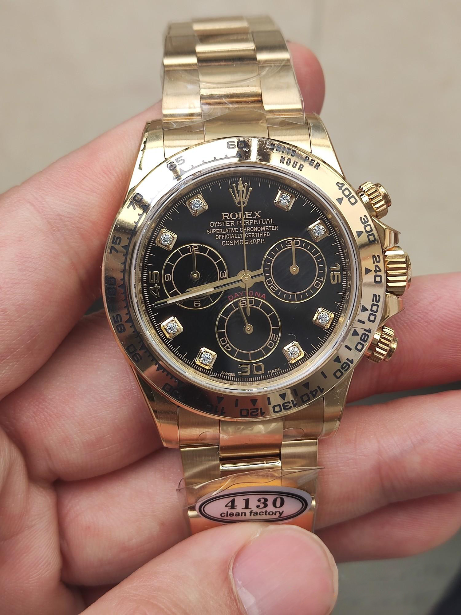 Clena Factory Rolex Daytona 116508 Yellow Gold Case Bracelet DD4130 Movement Black Dial Diamond Markers 01 Clena Factory Rolex Daytona 116508 Yellow Gold Case Bracelet DD4130 Movement Black Dial Diamond Markers 01