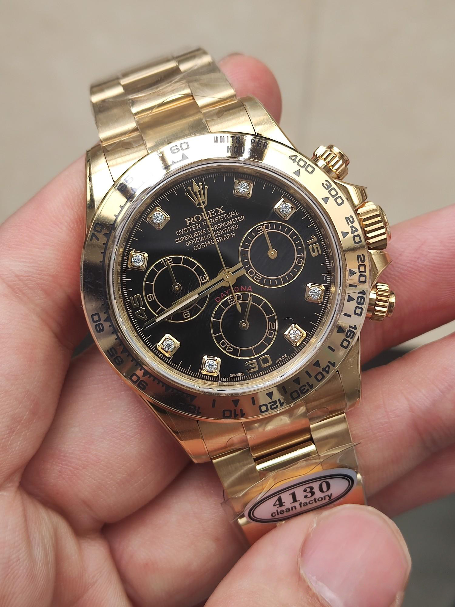 Clena Factory Rolex Daytona 116508 Yellow Gold Case Bracelet DD4130 Movement Black Dial Diamond Markers 02 Clena Factory Rolex Daytona 116508 Yellow Gold Case Bracelet DD4130 Movement Black Dial Diamond Markers 02