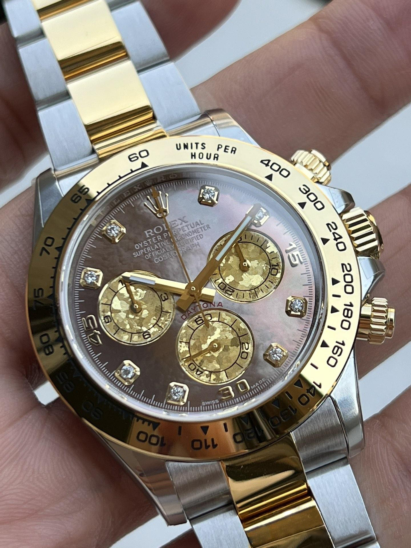 Clean Factory Daytona 116503 Black Mother of Pearl Dial Diamond Hour Markers Yellow Gold Bezel Two Tone Bracelet DD4130 Movement 01 Clean Factory Daytona 116503 Black Mother of Pearl Dial Diamond Hour Markers Yellow Gold Bezel Two Tone Bracelet DD4130 Movement 01
