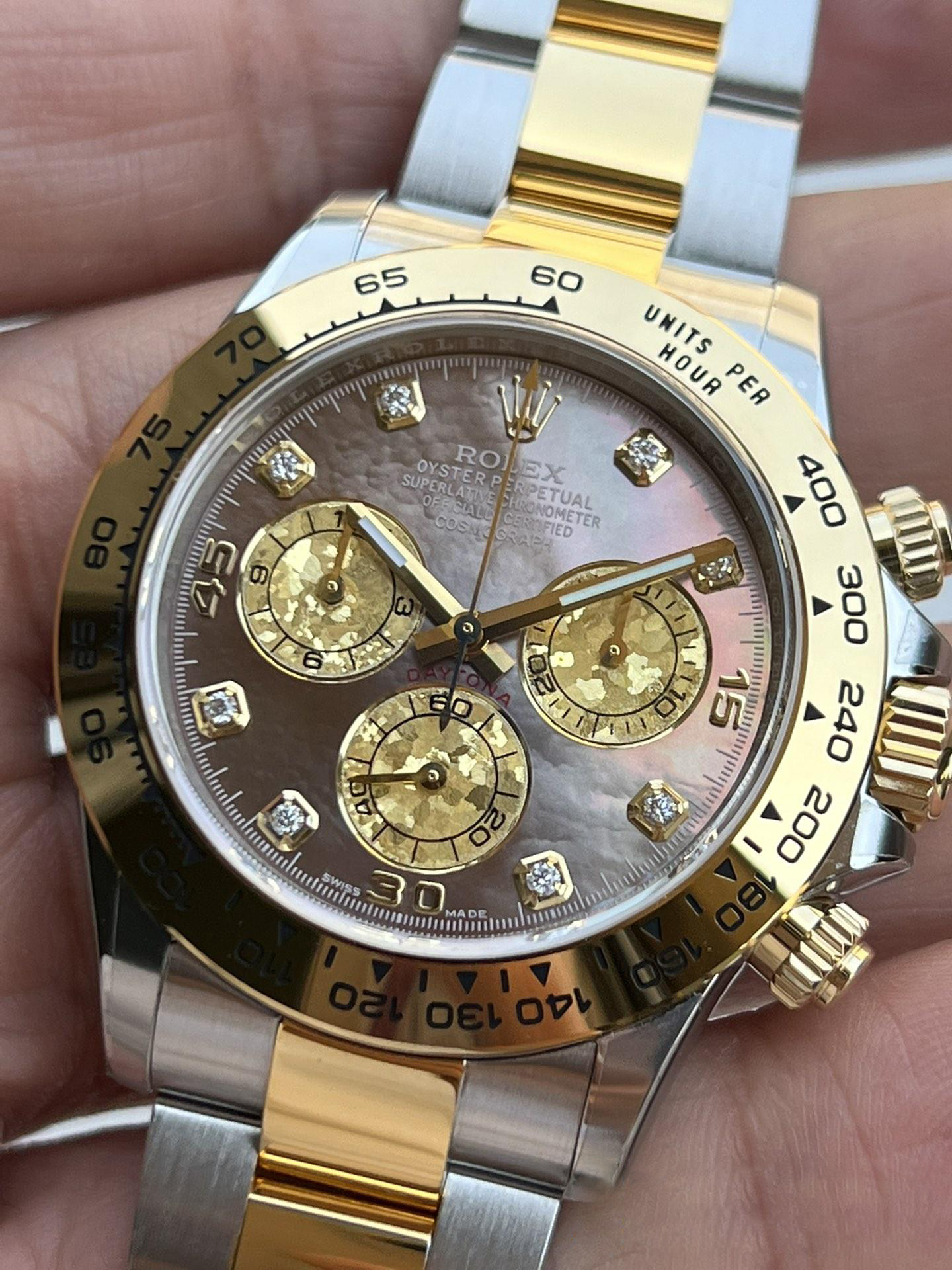 Clean Factory Daytona 116503 Black Mother of Pearl Dial Diamond Hour Markers Yellow Gold Bezel Two Tone Bracelet DD4130 Movement 02 Clean Factory Daytona 116503 Black Mother of Pearl Dial Diamond Hour Markers Yellow Gold Bezel Two Tone Bracelet DD4130 Movement 02