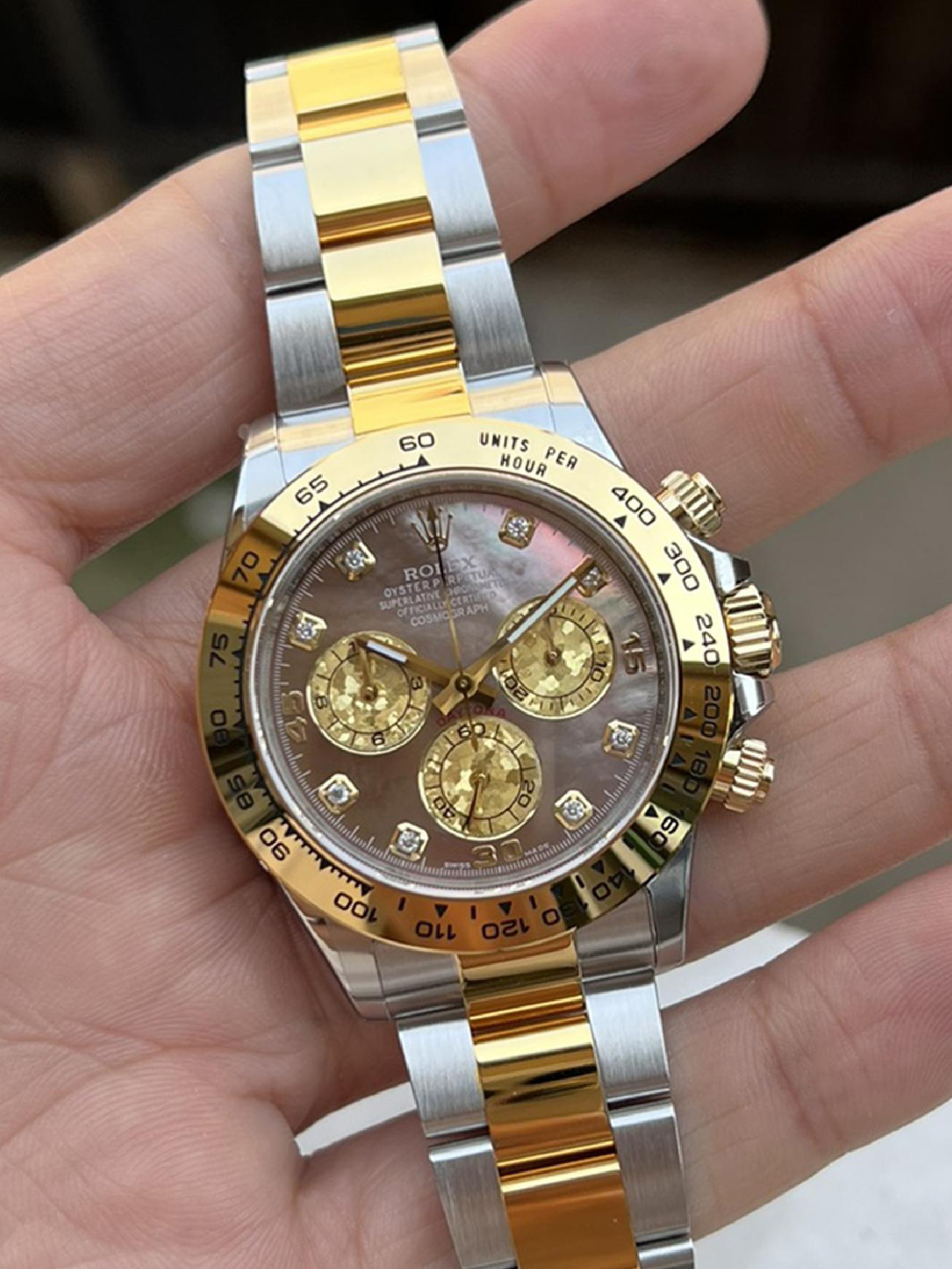 Clean Factory Daytona 116503 Black Mother of Pearl Dial Diamond Hour Markers Yellow Gold Bezel Two Tone Bracelet DD4130 Movement 04 Clean Factory Daytona 116503 Black Mother of Pearl Dial Diamond Hour Markers Yellow Gold Bezel Two Tone Bracelet DD4130 Movement 04