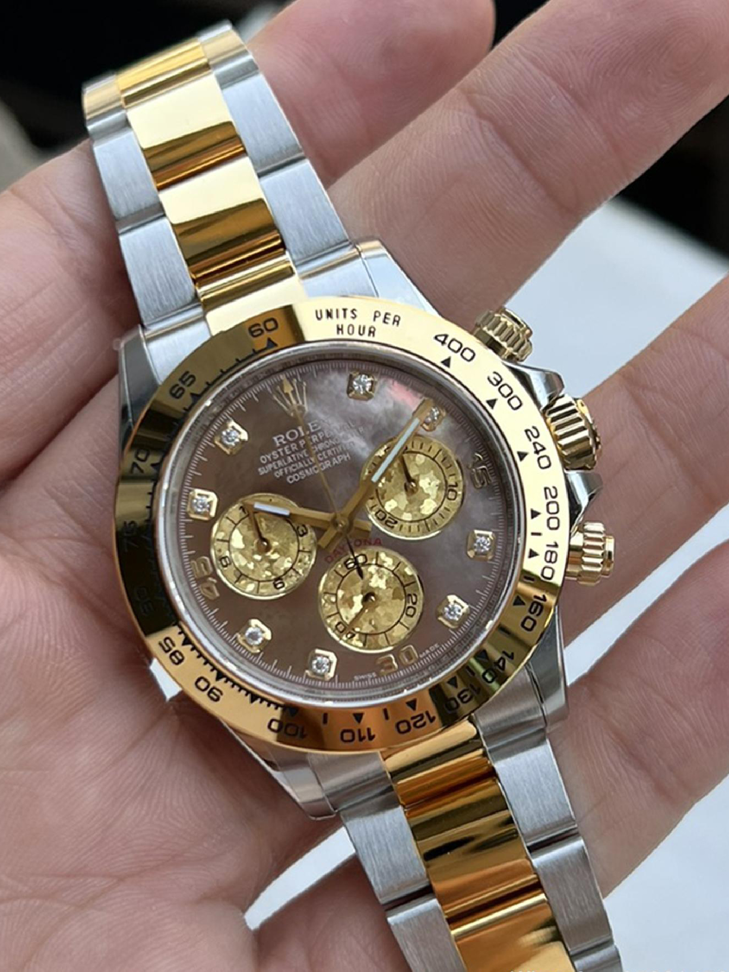 Clean Factory Daytona 116503 Black Mother of Pearl Dial Diamond Hour Markers Yellow Gold Bezel Two Tone Bracelet DD4130 Movement 05 Clean Factory Daytona 116503 Black Mother of Pearl Dial Diamond Hour Markers Yellow Gold Bezel Two Tone Bracelet DD4130 Movement 05