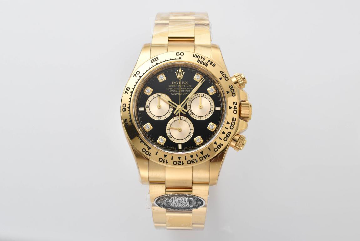 Clean Factory Daytona 126508 Black Dial with Yellow Gold Counter Dial Diamonds Hour Markers 18K Yellow Gold Plated Band 4131 Movement 01 Clean Factory Daytona 126508 Black Dial with Yellow Gold Counter Dial Diamonds Hour Markers 18K Yellow Gold Plated Band 4131 Movement 01