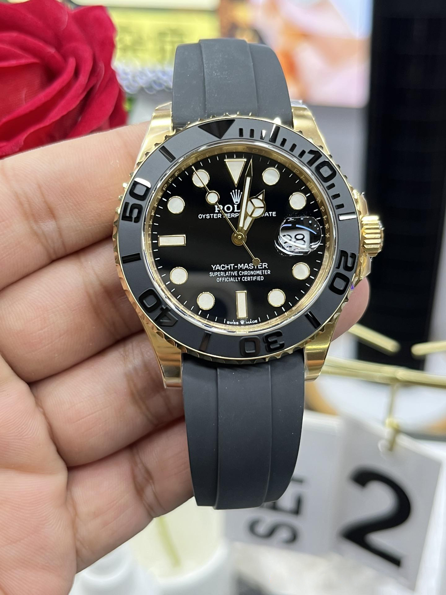 Clean Factory Yacht Master 42mm 226658 Yellow Gold Case 3D Black Ceramic Bezel Oysterflex Strap SuerClone 3235 Movement 01