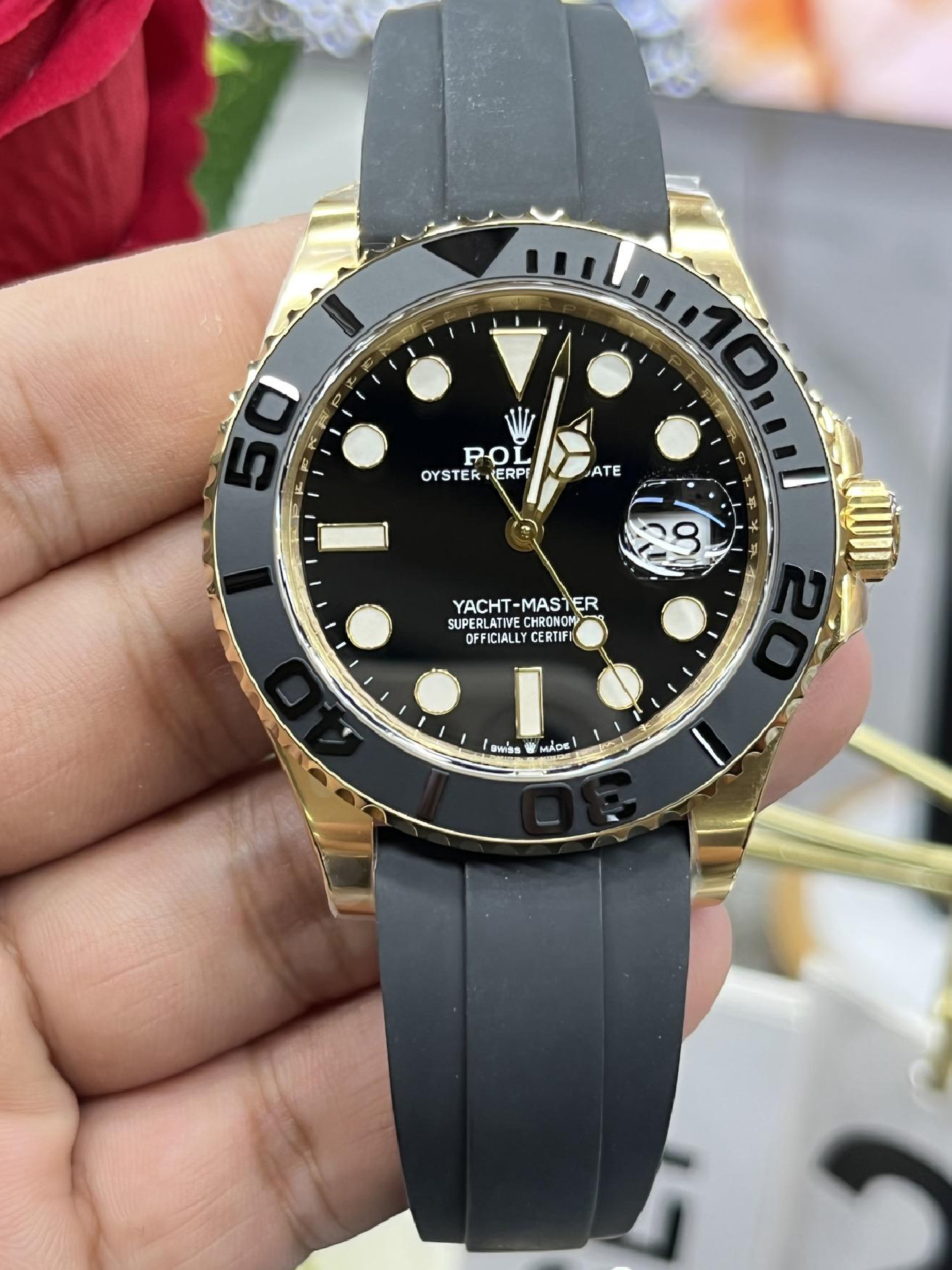 Clean Factory Yacht Master 42mm 226658 Yellow Gold Case 3D Black Ceramic Bezel Oysterflex Strap SuerClone 3235 Movement 05