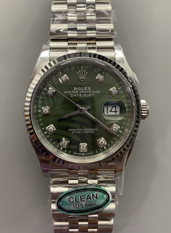 Clean Factory DateJust 36mm 126234 Green Palm motif Dial with Diamond Hors Markers 904L Steel on Jubilee Bracelet SH3235 Movement 00