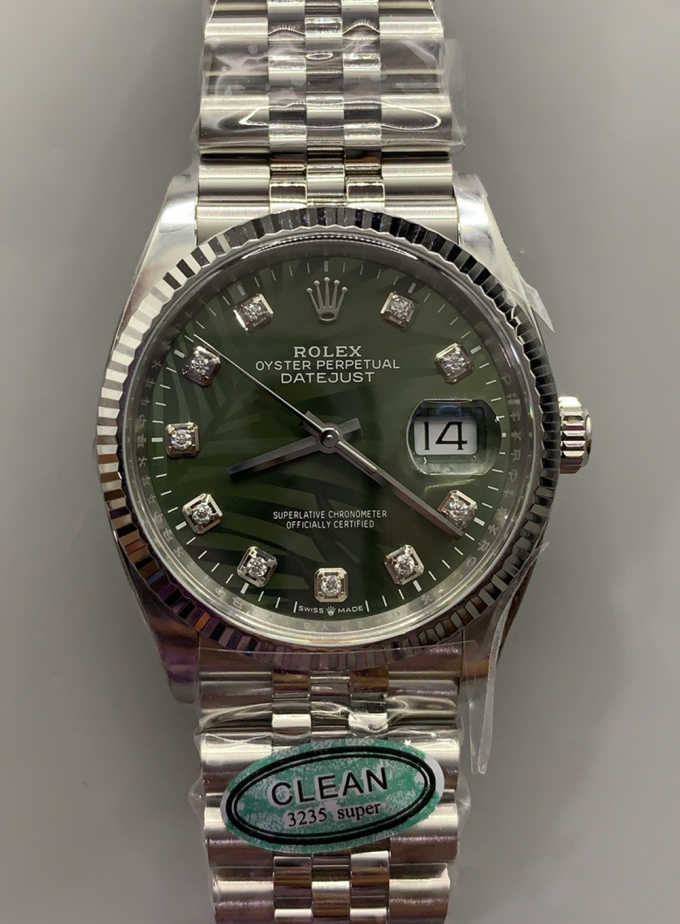 Clean Factory DateJust 36mm 126234 Green Palm motif Dial with Diamond Hors Markers 904L Steel on Jubilee Bracelet SH3235 Movement 00 Clean Factory DateJust 36mm 126234 Green Palm motif Dial with Diamond Hors Markers 904L Steel on Jubilee Bracelet SH3235 Movement 00