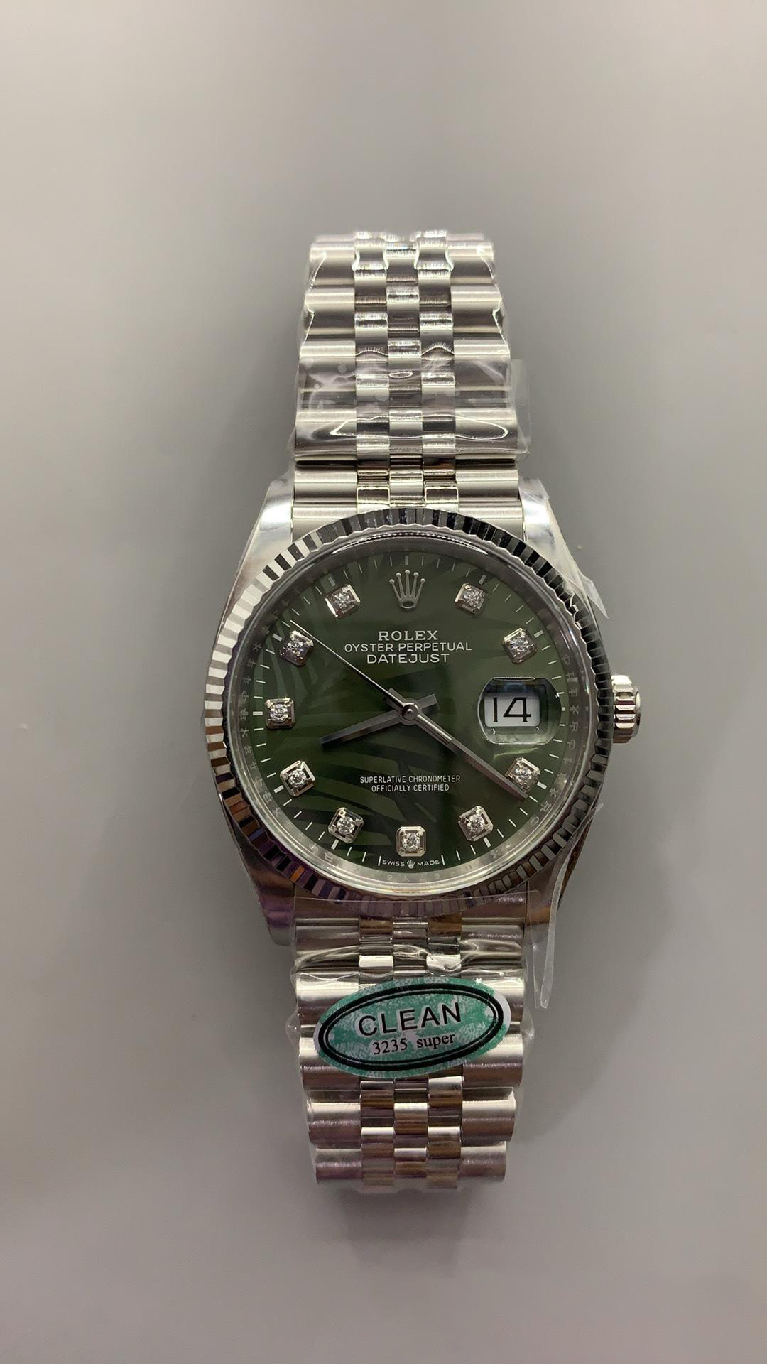 Clean Factory DateJust 36mm 126234 Green Palm motif Dial with Diamond Hors Markers 904L Steel on Jubilee Bracelet SH3235 Movement 01 Clean Factory DateJust 36mm 126234 Green Palm motif Dial with Diamond Hors Markers 904L Steel on Jubilee Bracelet SH3235 Movement 01
