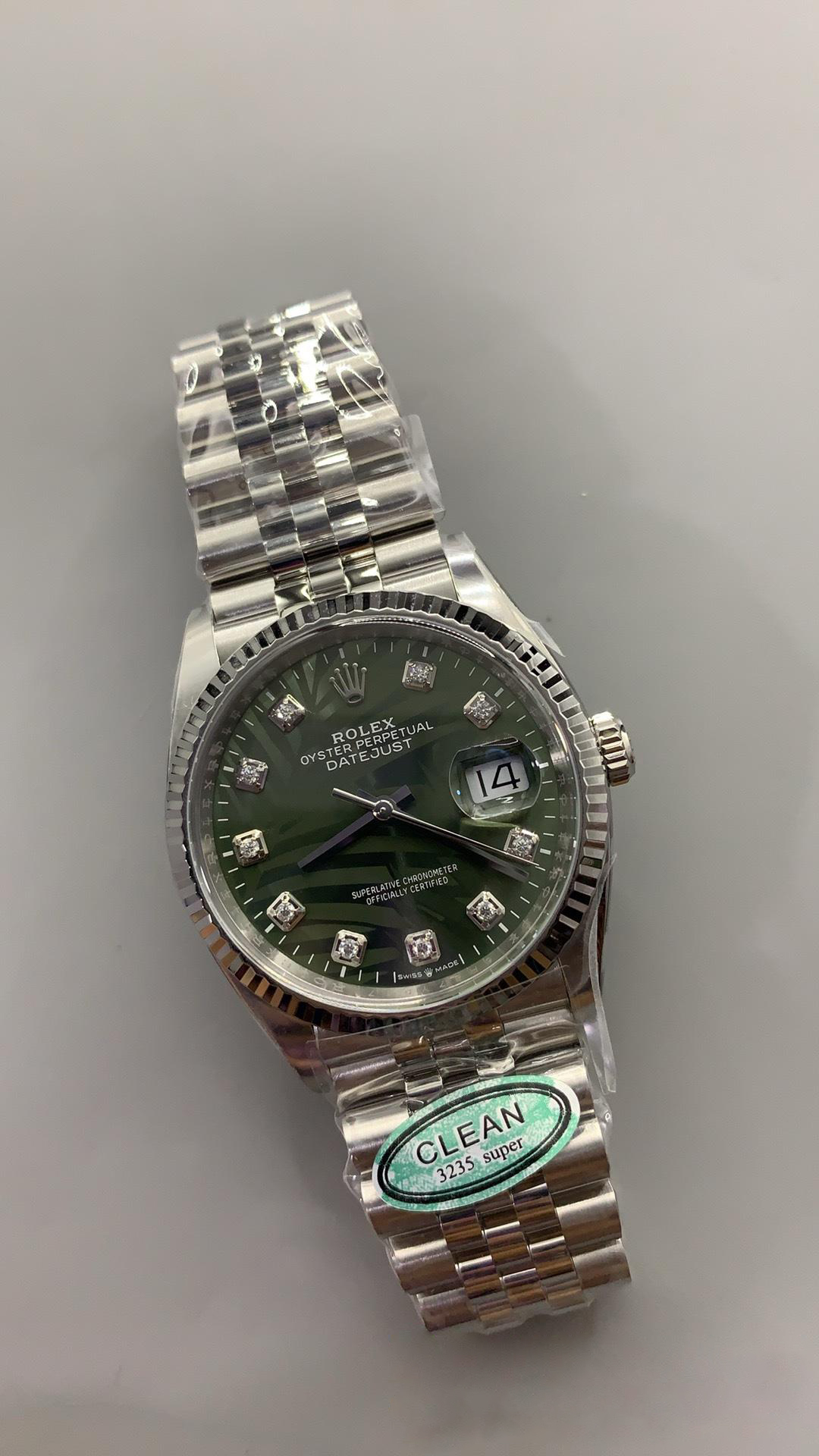 Clean Factory DateJust 36mm 126234 Green Palm motif Dial with Diamond Hors Markers 904L Steel on Jubilee Bracelet SH3235 Movement 02 Clean Factory DateJust 36mm 126234 Green Palm motif Dial with Diamond Hors Markers 904L Steel on Jubilee Bracelet SH3235 Movement 02