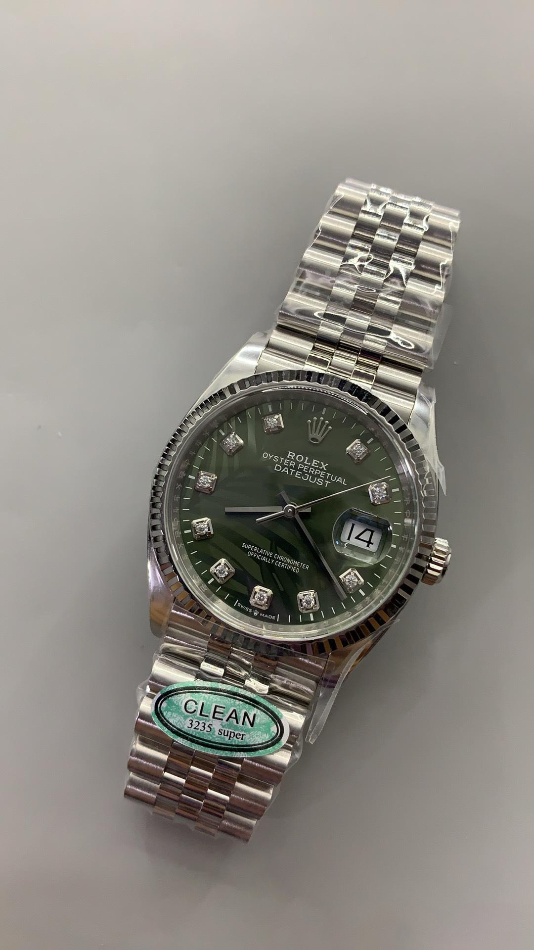 Clean Factory DateJust 36mm 126234 Green Palm motif Dial with Diamond Hors Markers 904L Steel on Jubilee Bracelet SH3235 Movement 03 Clean Factory DateJust 36mm 126234 Green Palm motif Dial with Diamond Hors Markers 904L Steel on Jubilee Bracelet SH3235 Movement 03
