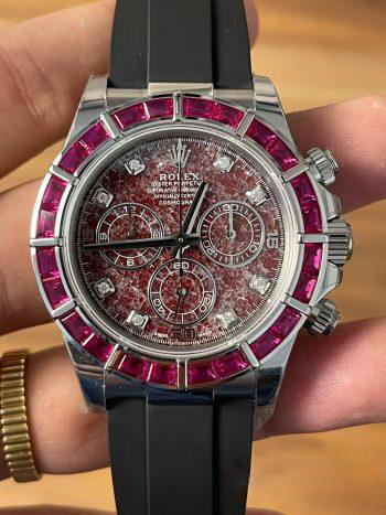 Premium Customized Daytona 116519 Red Garnet Dial and Bezel Diamonds Indexes Based on Clean Factory Daytona DD4130 Movement Oysterflex Strap 00