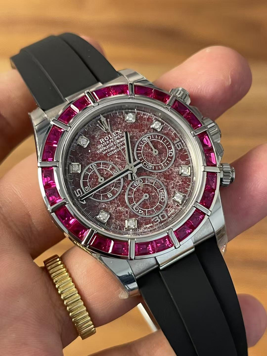 Premium Customized Daytona 116519 Red Garnet Dial and Bezel Diamonds Indexes Based on Clean Factory Daytona DD4130 Movement Oysterflex Strap 02 Premium Customized Daytona 116519 Red Garnet Dial and Bezel Diamonds Indexes Based on Clean Factory Daytona DD4130 Movement Oysterflex Strap 02