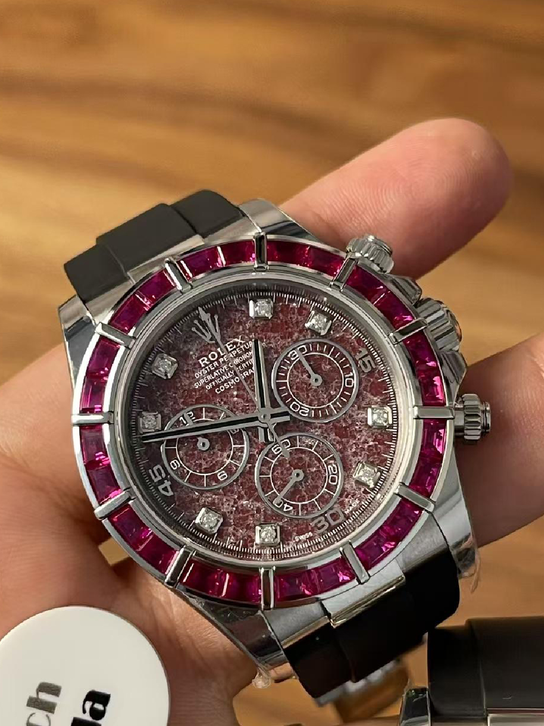 Premium Customized Daytona 116519 Red Garnet Dial and Bezel Diamonds Indexes Based on Clean Factory Daytona DD4130 Movement Oysterflex Strap 09 Premium Customized Daytona 116519 Red Garnet Dial and Bezel Diamonds Indexes Based on Clean Factory Daytona DD4130 Movement Oysterflex Strap 09