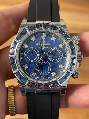 Premium Customized Rolex Daytona 116519 Sodalite Dial and Bezel Diamonds Indexes Based on Clean Factory Daytona DD4130 Movement Oysterflex Strap 00