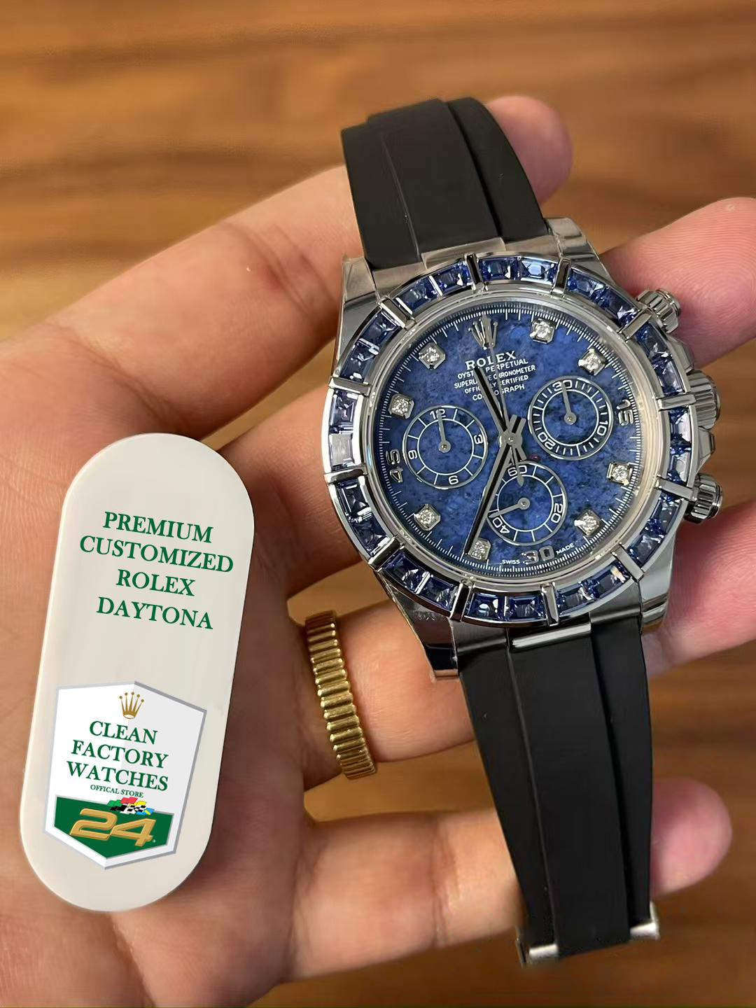 Premium Customized Rolex Daytona 116519 Sodalite Dial and Bezel Diamonds Indexes Based on Clean Factory Daytona DD4130 Movement Oysterflex Strap 05 Premium Customized Rolex Daytona 116519 Sodalite Dial and Bezel Diamonds Indexes Based on Clean Factory Daytona DD4130 Movement Oysterflex Strap 05