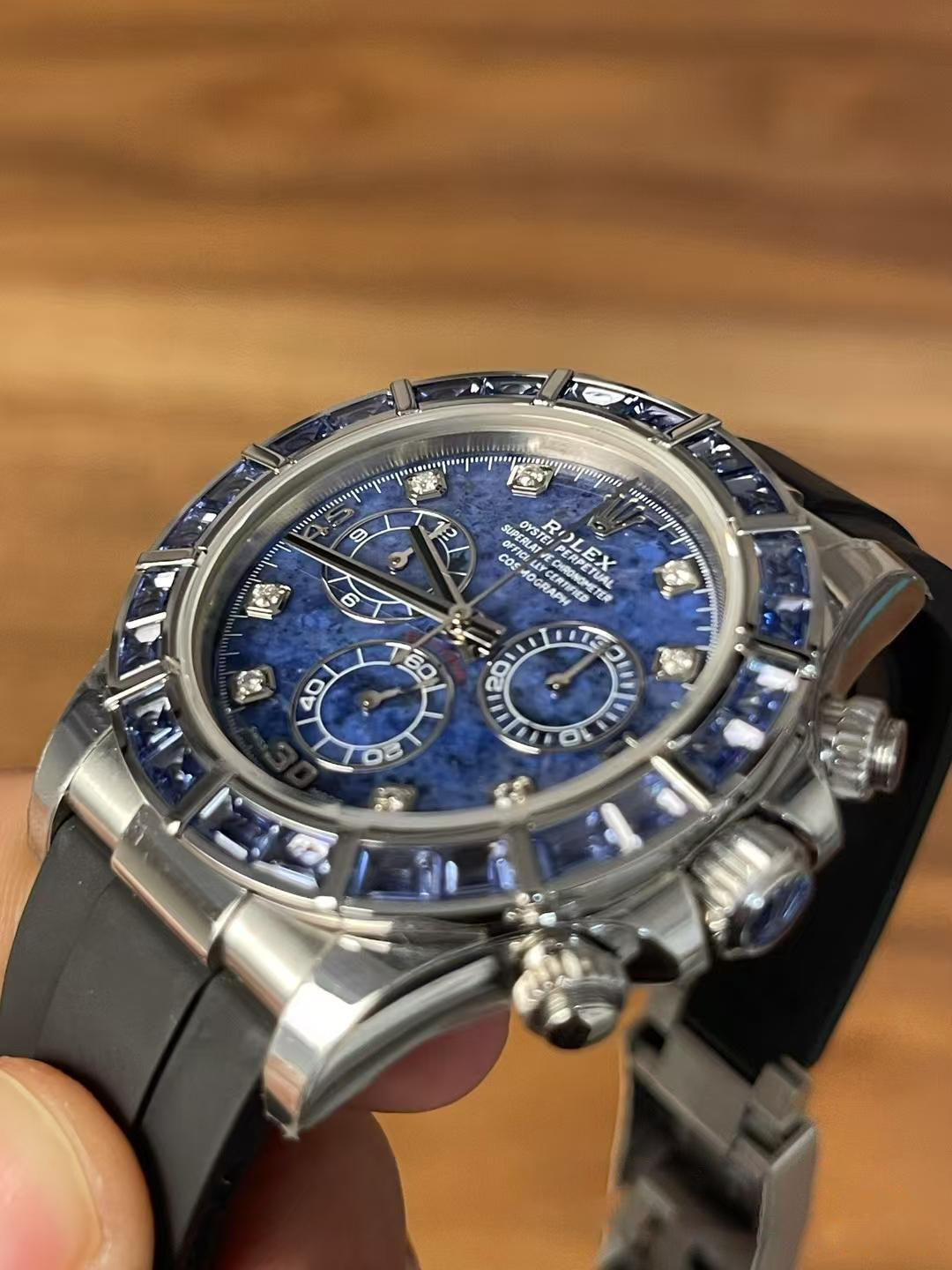 Premium Customized Rolex Daytona 116519 Sodalite Dial and Bezel Diamonds Indexes Based on Clean Factory Daytona DD4130 Movement Oysterflex Strap 06 01 Premium Customized Rolex Daytona 116519 Sodalite Dial and Bezel Diamonds Indexes Based on Clean Factory Daytona DD4130 Movement Oysterflex Strap 06 01